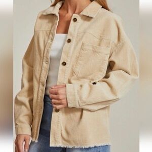 Zara Corduroy Shacket Oversized Shirt Jacket Beige Raw Hem Boyfriend